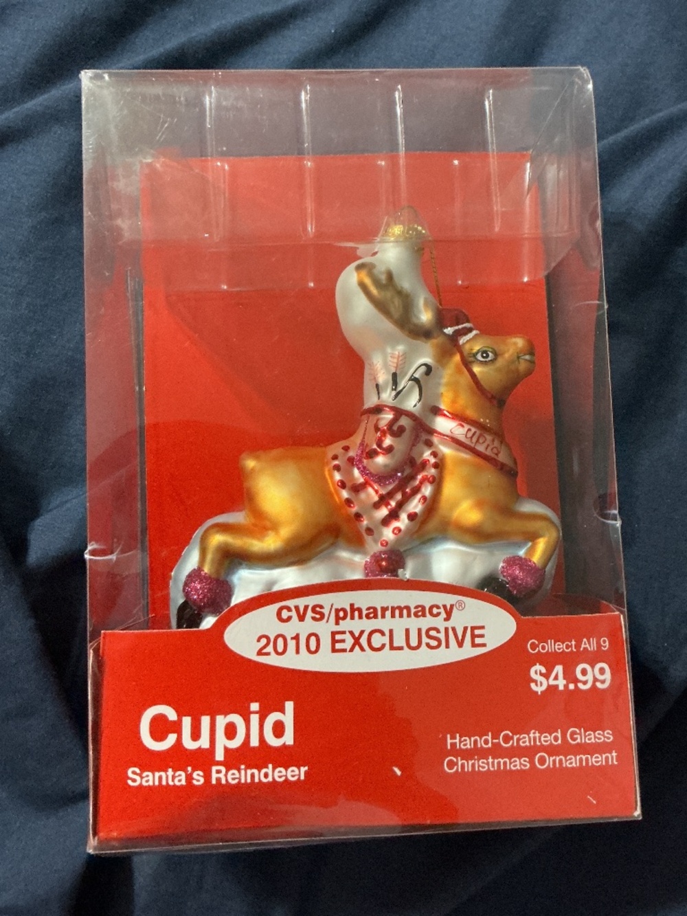 2010 Exclusive CVS Cupid Santa’s Reindeer Hand-Crafted Glass Christmas Ornament